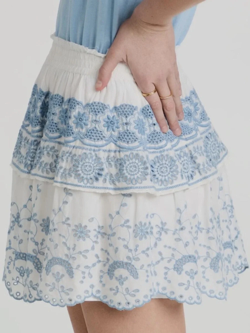 LoveShackFancy Charmain Skirt White and Blue Embroidered Eyelet Mini Skirt NWOT - Picture 3 of 11